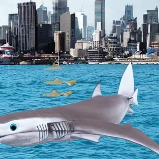 Prompt: Robotic laser shark with futuristic hover tech shoots the city and blows things up