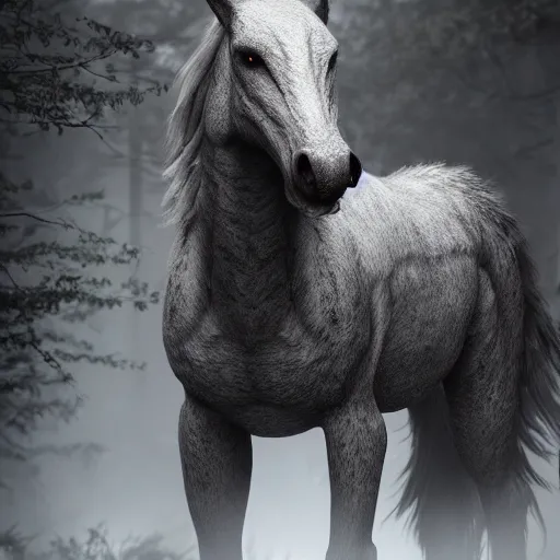 Prompt: werecreature consisting of a horse and a human, featured on artstation, photograph captured in a dark forest
