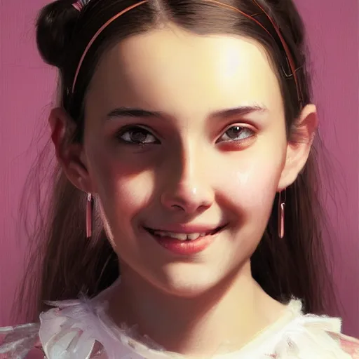 Image similar to portrait of girl, round face, brown hair, ponytails, half updo hairstyle, skinny, smile, attractive, small chin, wearing pink hair bow, earrings, intricate, elegant, glowing lights, highly detailed, digital painting, artstation, sharp focus, illustration, art by wlop, mars ravelo and greg rutkowski