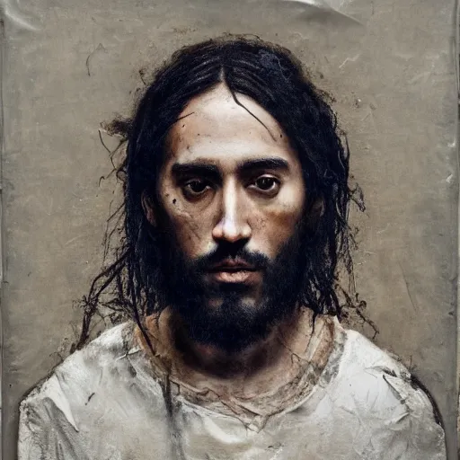 Image similar to a portrait of jesus wearing jerry lorenzo streetwear by nicola samori, oil painting, realistic, 8 k, fear of god style