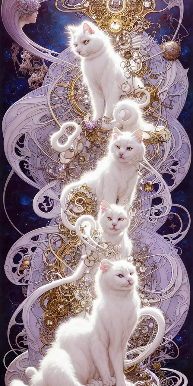 Image similar to beautiful white fluffy cat art nouveau fantasy character portrait, ultra realistic, intricate details, the fifth element artifacts, highly detailed by peter mohrbacher, hajime sorayama, wayne barlowe, boris vallejo, aaron horkey, gaston bussiere, craig mullins alphonse mucha, art nouveau curves swirls and spirals, flowers pearls beads crystals jewelry goldchains scattered