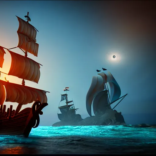 Prompt: pirate ship on a magical ethereal sea, 8k, HDR, cinematic, volumetric lighting, unreal engine 5