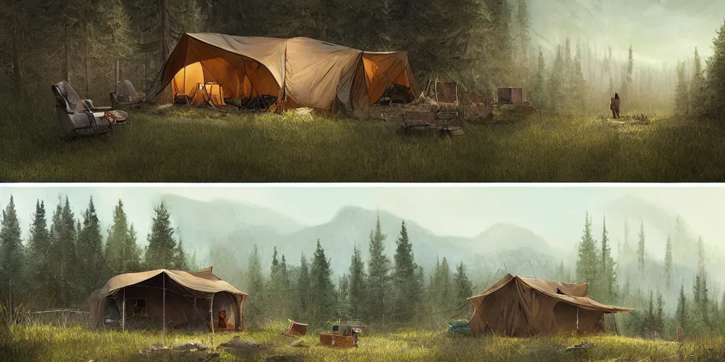 Image similar to cabela's tent fabric shelled pop up family dwelling unit, cabin, modular, person in foreground, mountainous forested wilderness open fields, beautiful views, painterly concept art, joanna gaines, environmental concept art, farmhouse, magnolia, concept art illustration by ross tran, james gurney, by craig mullins, by greg rutkowski