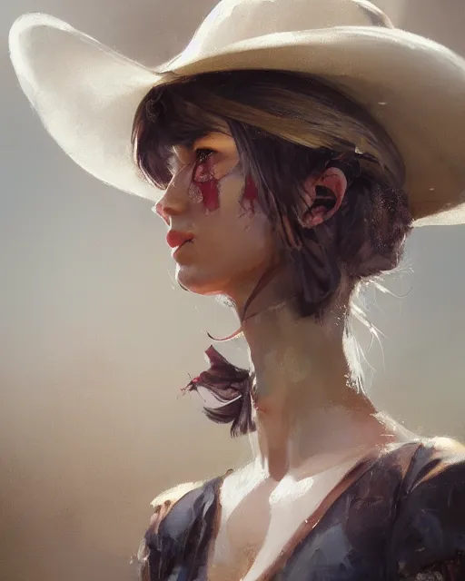 Prompt: a highly detailed oil painting of A cowgirls, in professional makeup, with medium length hair covering an eye, portrait, cinematic lighting, dramatic atmosphere, by Dustin Nguyen, Akihiko Yoshida, Greg Tocchini, Greg Rutkowski, Cliff Chiang, 4k resolution, trending on artstation