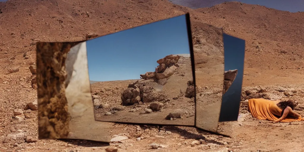 Image similar to levitating woman with full - face golden mask in a dry rocky desert landscape, visible sky and sunny atmosphere, fata morgana and giant square mirrors by alejandro jodorowsky, anamorphic lens, kodakchrome, practical effects, masterpiece, 8 k