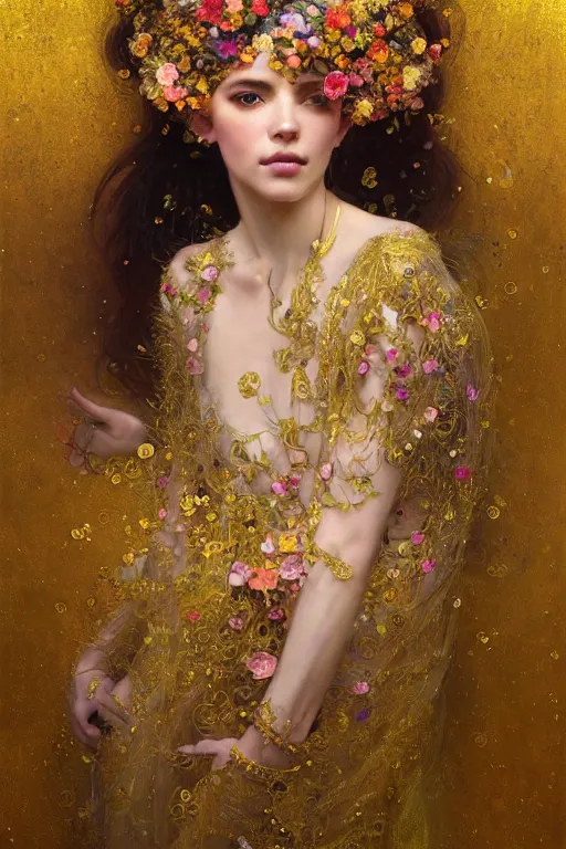 Image similar to an intricate painting of a beautiful young lady surrounded by flowing flower petals covered in silk clothes with klimt golden motives and textures, hyper detailed, ornamental gold headpiece, octane render, vivid colors, artstation, by jeremy mann, by alphonse mucha, by boris vallejo