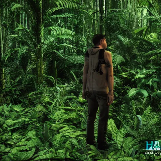 Prompt: a human Researcher standing in the rainforest, post-apocalypse, cinematic, photorealistic