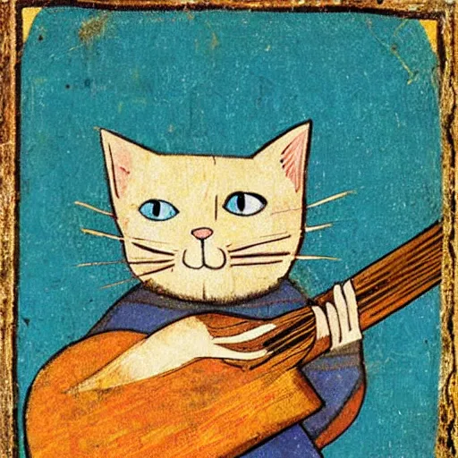 Image similar to medieval portrait of a cat playing guitar, colorful