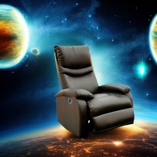 Prompt: recliner chair floating in space, space galaxy background, dramatic lighting, nebula, james webb telescope images