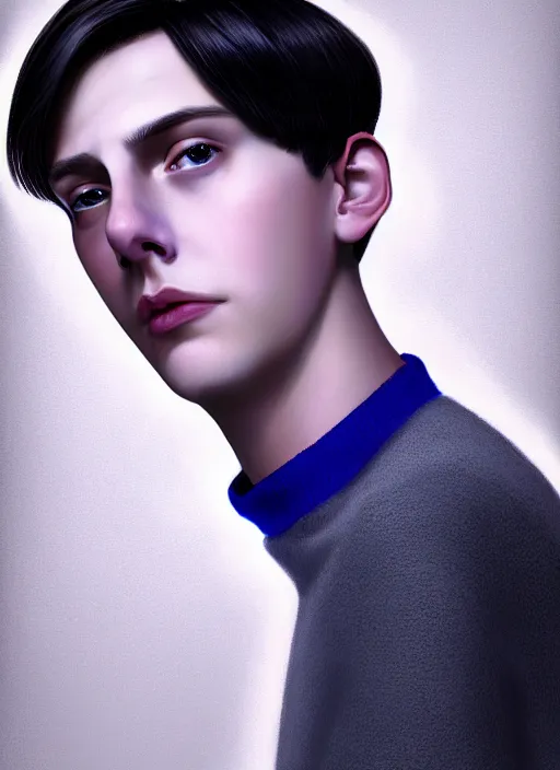 Image similar to portrait of teenage jughead jones wearing a light grey crown, crown, blue turtleneck, closed eyes, photorealistic, black hair, glowing lighting, intricate, elegant, glowing lights, highly detailed, digital painting, artstation, concept art, smooth, sharp focus, illustration, art by wlop, mars ravelo and greg rutkowski