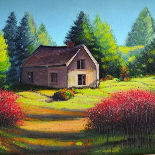 Prompt: house in the countryside on a sunny day, forest, detailed, peaceful, brush strokes, oil painting