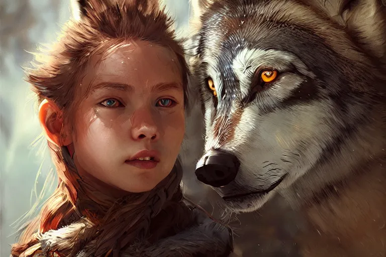 Image similar to Aloy living with wolves, highly detailed, photorealistic, reflections, smooth, sharp focus, concept art, illustration, beautiful, geometric, trending on artstation, cinematic, featured on behance , artwork by WLOP and Tran, Ross