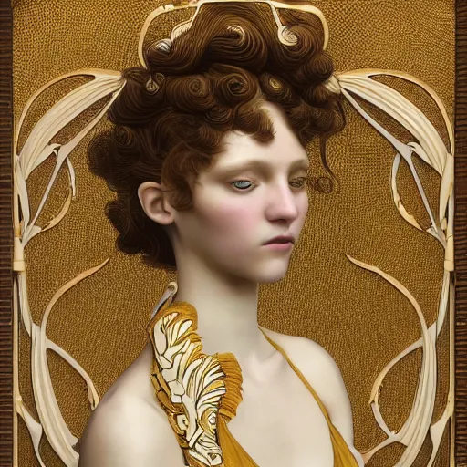 Image similar to a beautiful girl made of ivory and gold, highly intricate, digital art, very detailed, in the style of a weird and dark eerie liminal art nouveau flemish painting, 8k, octane render