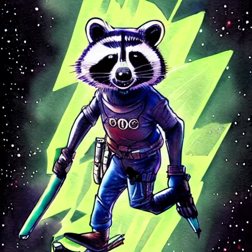 Prompt: racoon holding a laser gun, guardians of the galaxy style, centered award winning watercolor pen illustration, by range murata