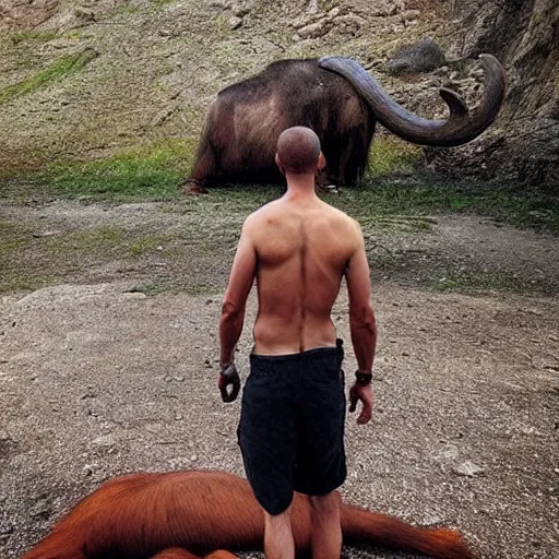Prompt: “color photo of a Neanderthal with no clothes man taking an iPhone photo of a dead mammoth National Geographic , anthropology photo”