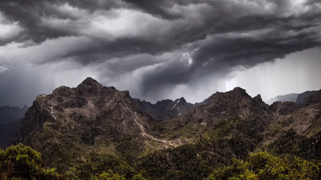 Image similar to a cinematic landscape photograph of a mountains peak in the clouds, thunder and lightning