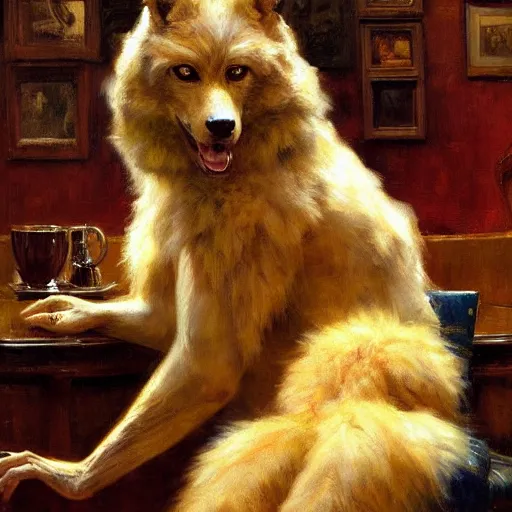 Image similar to a portrait of a furry in a coffee shop, furry body, furry arms, furry legs, furry tail. highly detailed painting by gaston bussiere, craig mullins, j. c. leyendecker, furry