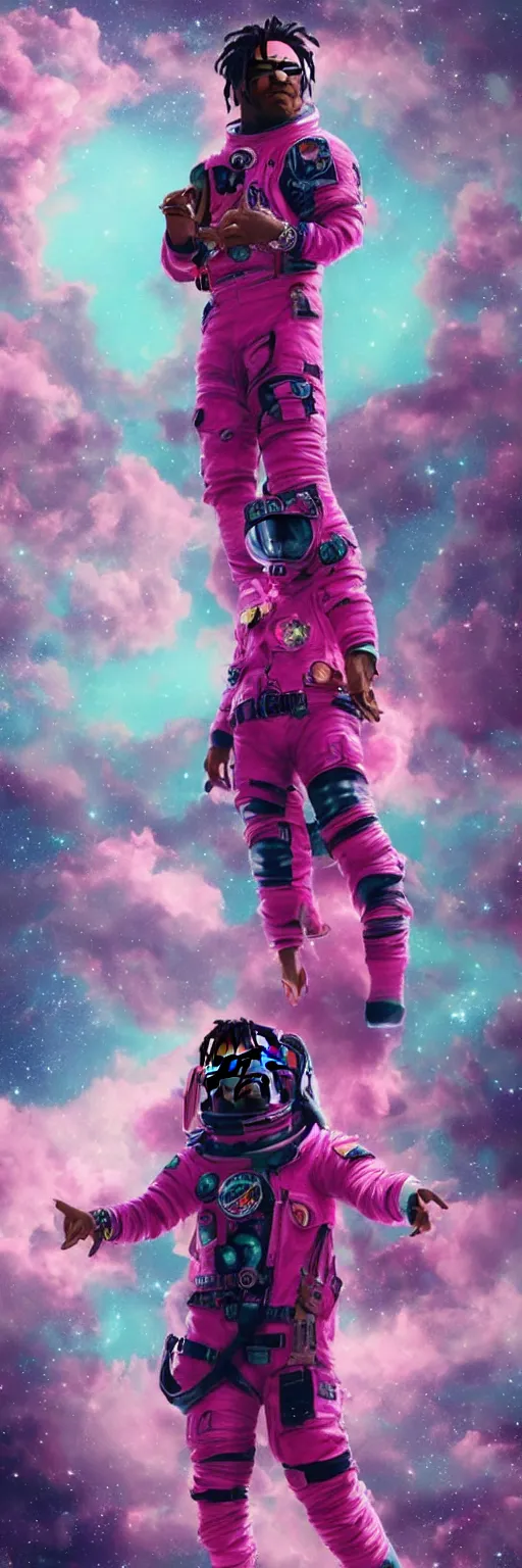 Image similar to Cinematic full body portrait of Lil Uzi Vert wearing a pink spacesuit, cinematic photograph, matte painting, trending on artstation, space clouds art