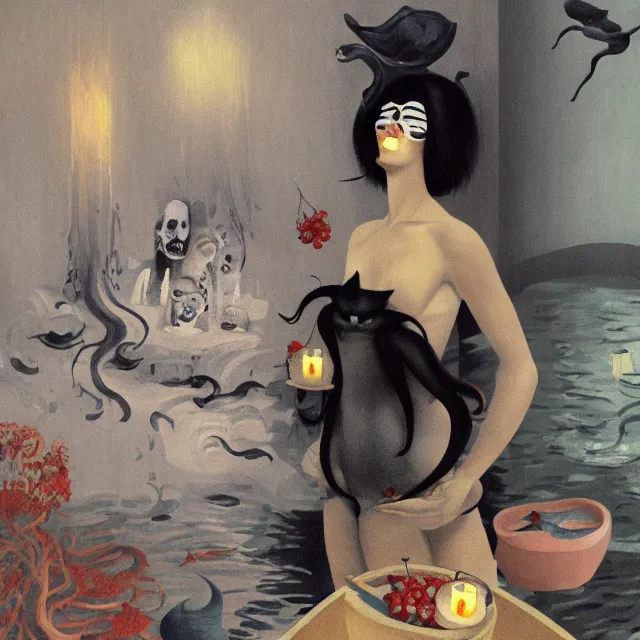 Image similar to tall female catgirl artist holding a skull in her flooded apartment, pomegranates, octopus, water gushing from ceiling, painting of flood waters inside an artist's apartment, a river flooding indoors, candles, ikebana, zen, rapids, waterfall, black swans, canoe, berries, acrylic on canvas, surrealist, by magritte and monet