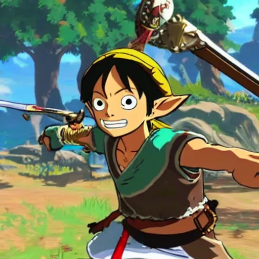 Image similar to a screencap of the legend of zelda breath of the wild, of one piece's luffy in breath of the wild