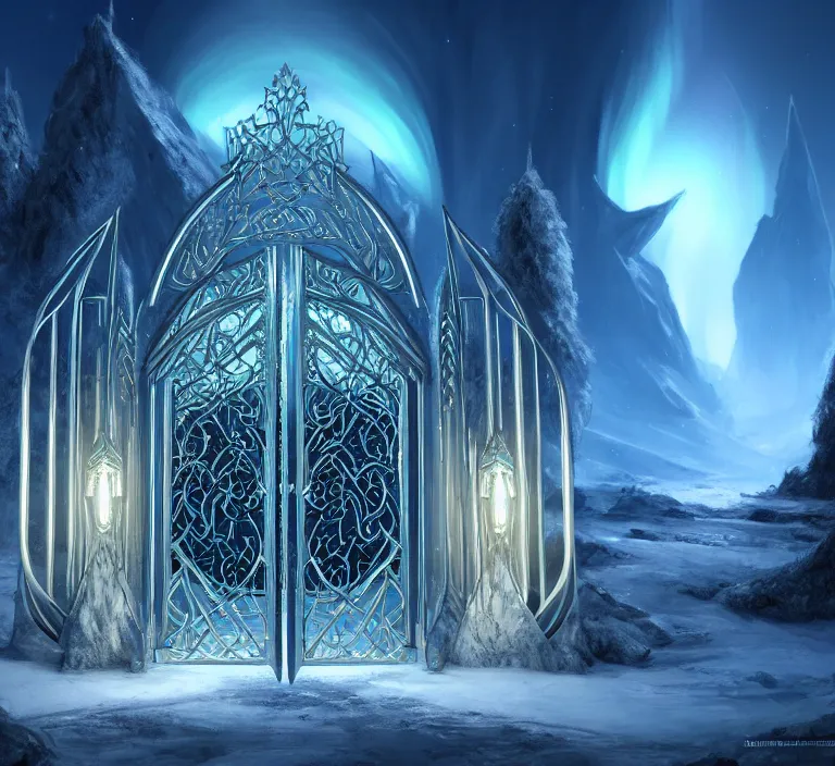 Image similar to a very detailed concept art of intricate and elven white gates to aurora borealis infused with magic, dynamic lighting trending on artstation, symmetry, digital art, 4 k, hyper realistic, octane render, sharp focus