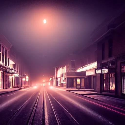 Image similar to A stunningly beautiful award-winning 8K high angle from 3rd floor cinematic movie photograph looking down diagonally across a spooky dark very foggy empty lightless moonlit main street intersection in an abandoned 1950s small town at night. perfect composition, moody low key backlit. Color palette from Seven, greens yellows and reds. 2 point perspective. Octane render