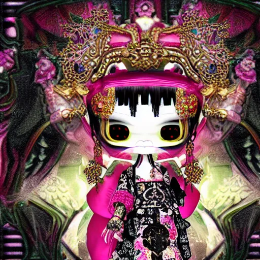 Prompt: baroque bedazzled gothic royalty frames surrounding a pixelsort emo demonic horrorcore japanese yokai doll, low quality sharpened graphics, remastered chromatic aberration