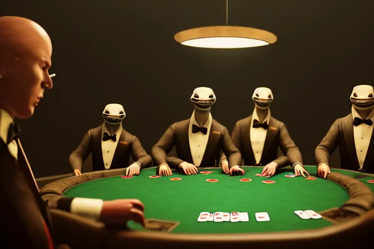 Image similar to hyperrealism simulation highly detailed human turtles'wearing detailed tuxedos and smoking, playing poker in surreal scene from cyberpunk movie from future by wes anderson and denis villeneuve and mike winkelmann rendered in blender and octane render