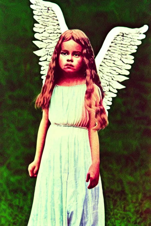 Image similar to old realistic photo of an hippie girl as an angel, photograph, color picture, late 1 9 6 0's, highly detailed, matte, sharp focus, smooth, sharp focus, illustration