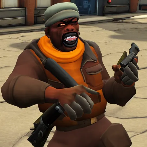 Image similar to demoman from team fortress 2 laughing at the camera