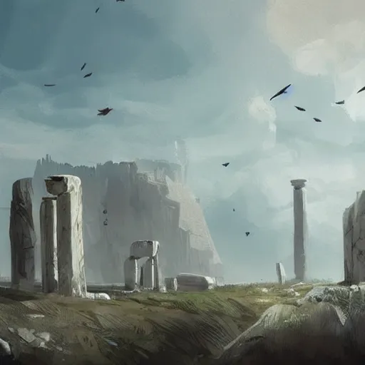 Image similar to concept art by ismail inceoglu of a small, white marble cliff in a meditereanian landscape, with stone henge on top