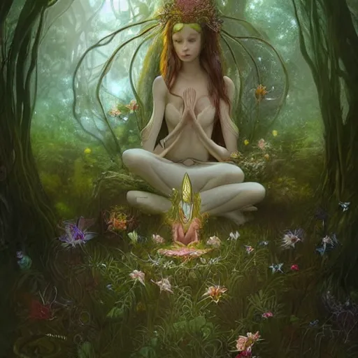 Prompt: elven princess meditating in forest, magical flowers, surrounded by fairies, beautiful face, wisps, surreal, surrealist art, digital art, trending on artstation, ultra detailed, intricate, sacred geometry, serene, beautiful, photo, realistic, perfect, smooth, moebius, by moebius, peter mohrbacher