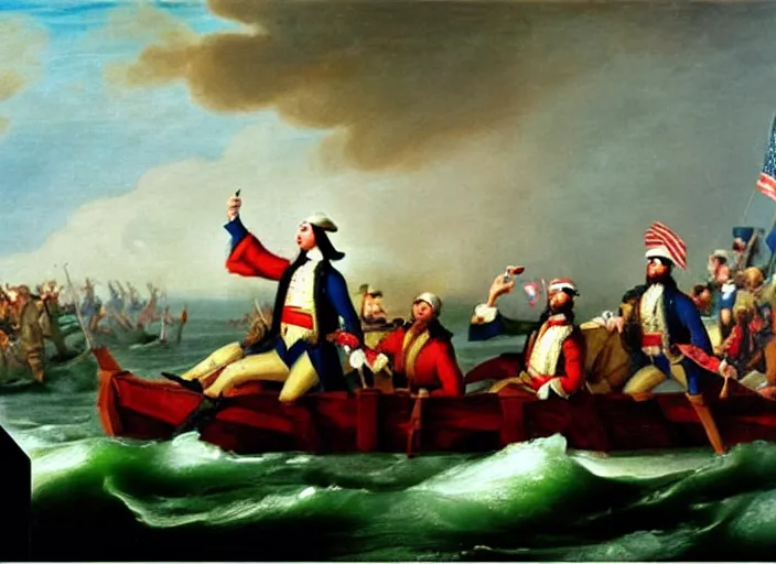 Image similar to oil painting of Washington Crossing the Delaware but Washington is taking a selfie