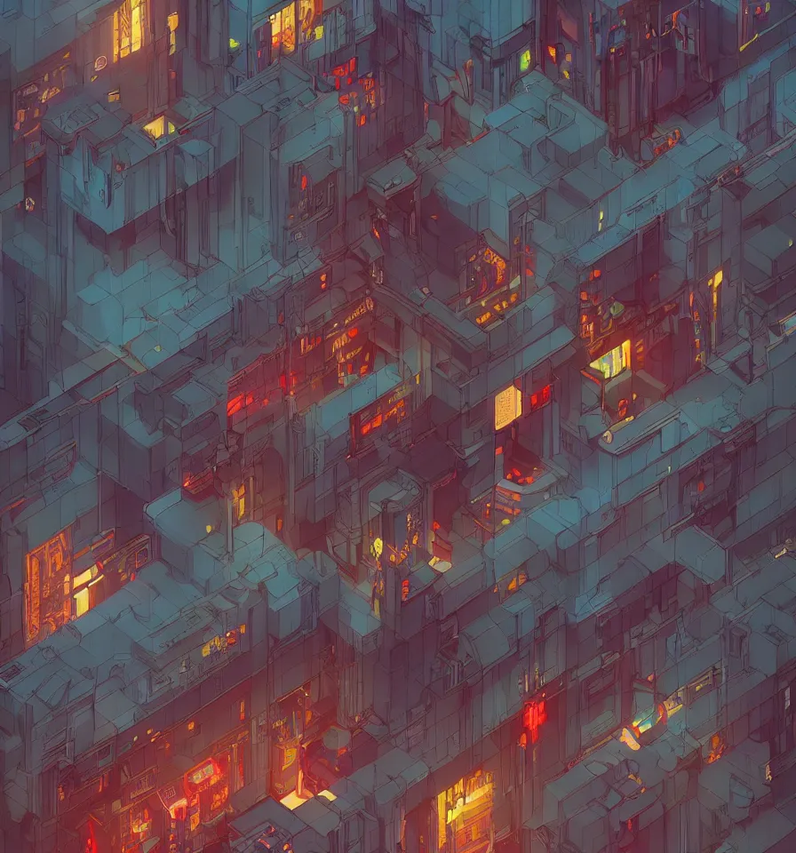 Image similar to a beautiful 2D cyberpunk architecture, rooms, interior, garden, dark bluish gray, shades of dark crimson red, warm yellow, glowing objects, intricate, layers, depth, by James jean, trending on ArtStation