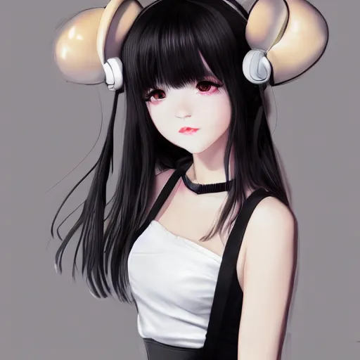 Image similar to realistic detailed semirealism beautiful gorgeous natural cute Blackpink Lalisa Manoban black hair black cat ears, wearing white camisole outfit, headphones, black leather choker artwork drawn full HD 4K high resolution quality artstyle professional artists WLOP, Aztodio, Taejune Kim, Guweiz, Pixiv, Instagram, Artstation