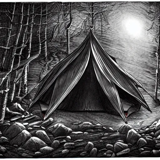 Image similar to a tent by the river in the deep, remote woods by h. r. giger, from nightmare before christmas | detailed | elegant | trending on artstation