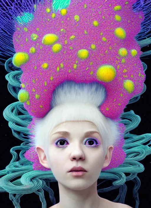 Image similar to hyper detailed 3d render like a Oil painting - kawaii portrait Aurora (white haired Singer Ferret) seen Eating of the Strangling network of yellowcake aerochrome and milky Fruit and Her delicate Hands hold of gossamer polyp blossoms bring iridescent fungal flowers whose spores black the foolish stars by Jacek Yerka, Mariusz Lewandowski, Houdini algorithmic generative render, Abstract brush strokes, Masterpiece, Edward Hopper and James Gilleard, Zdzislaw Beksinski, Mark Ryden, Wolfgang Lettl, hints of Yayoi Kasuma, octane render, 8k