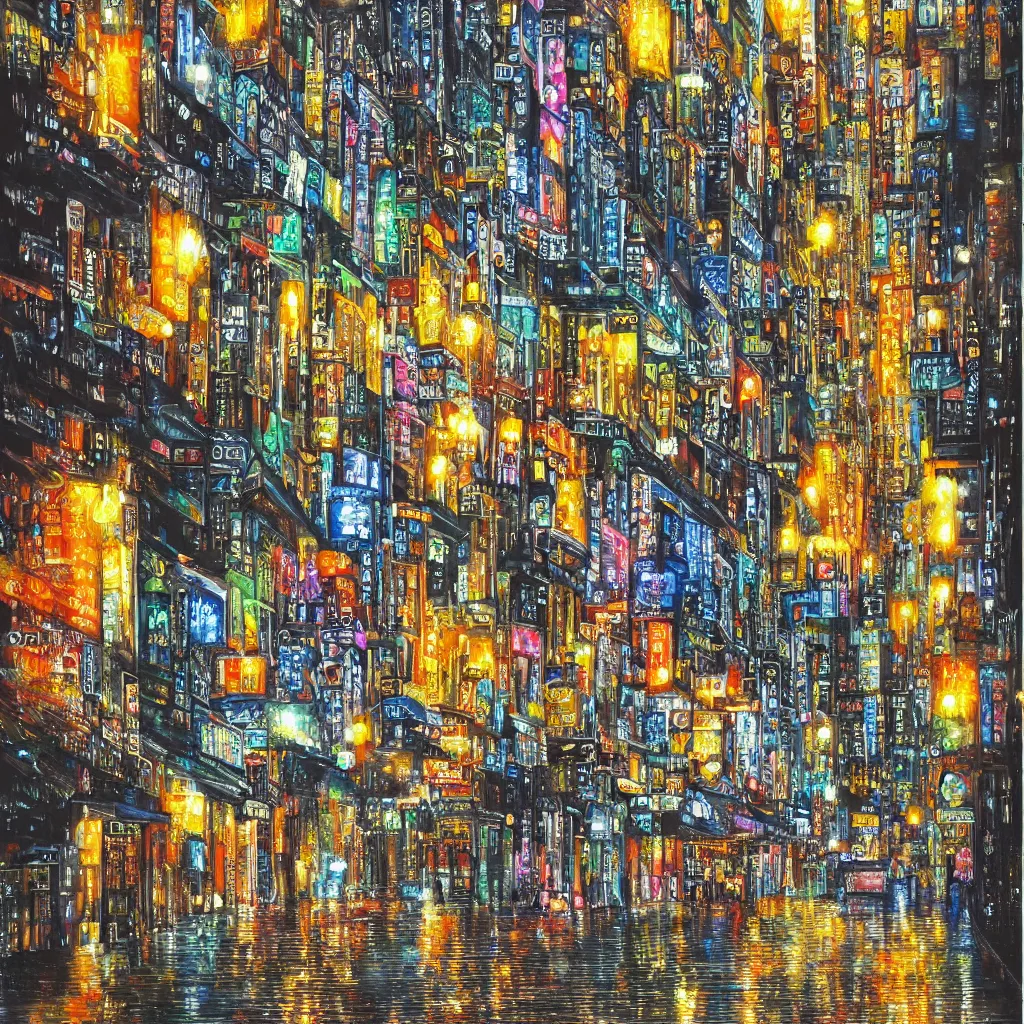 Prompt: brightly illuminated city street on a rainy day, acrylic and silver leaf on canvas, very beautiful, extremely detailed, stunning masterpiece by a very talented artist