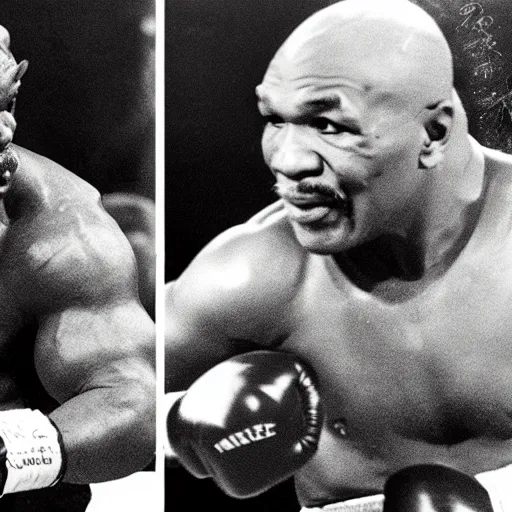Prompt: albert einstein and mike tyson fighting each other in a boxing ring