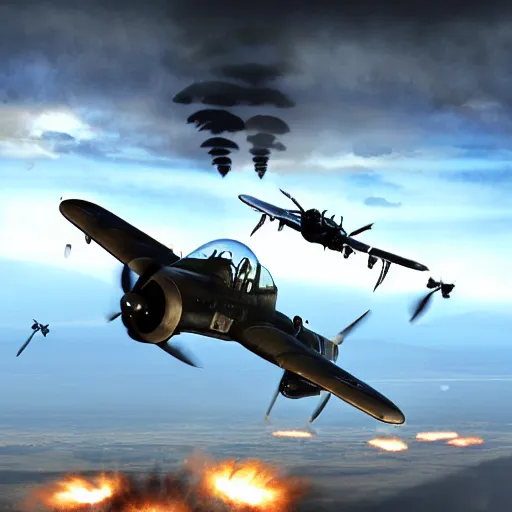 Prompt: an epic dogfight between a p 3 8 lightning, p - 6 1 black widow, full color, 8 k cinematic photography, explosions in the background, parachutes, ultra realistic digital art, unreal engine, style of keith ferris