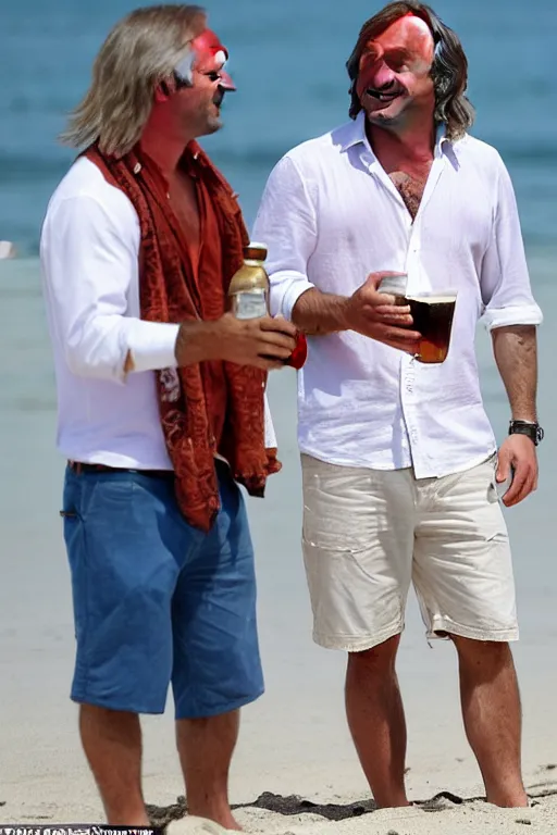 Prompt: Braco the gazer wearing a white shirt is on the beach with a different man who looks like john belushi no sunglasses, laughing, holding beer bottles