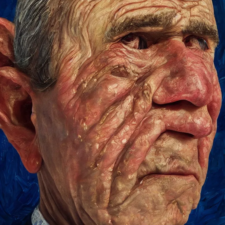 Image similar to hyperrealistic close up studio portrait of aging old George W Bush age 85 wrinkled weeping, oil painting by Ivan Albright and Lucian Freud and Ron Mueck, trending on artstation Studio lighting hyperrealism