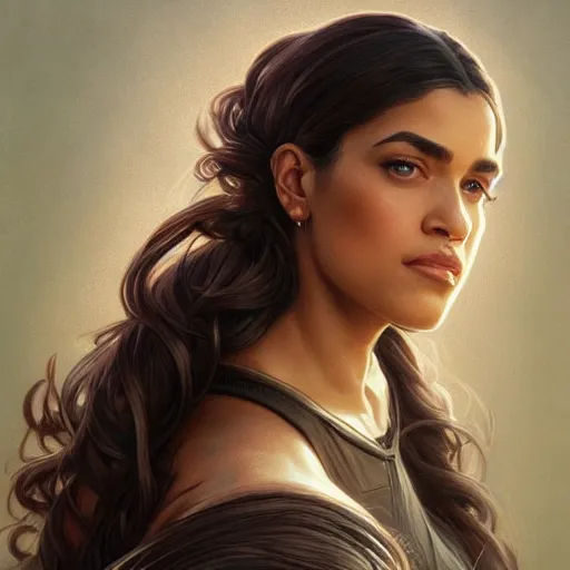 Image similar to portrait of a beautiful thick female, alexandria ocasio-cortez face, D&D, fantasy, intricate, elegant, highly detailed, digital painting, artstation, concept art, smooth, sharp focus, illustration, art by artgerm and greg rutkowski and alphonse mucha