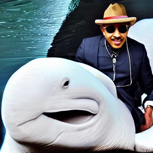 Image similar to lou bega riding a beluga, photograph