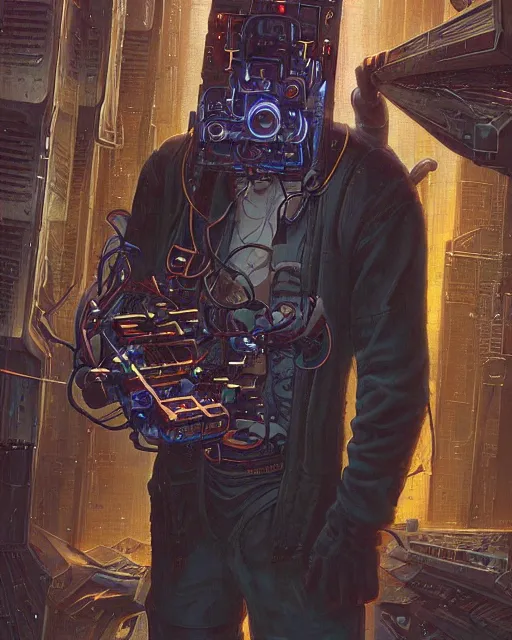 Image similar to a painting of a man holding a machine in his hands, cyberpunk art by les edwards and by michael whelan and by dan mumford, cgsociety, neoplasticism, lovecraftian, future tech, circuitry