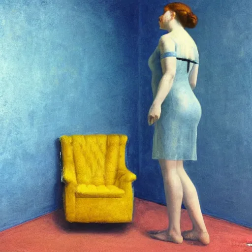 Image similar to close up of a woman in a blue and gold haunted liminal abandoned room, hyperrealistic film still by edward hopper, by gottfried helnwein, by klimt, art noveau, highly detailed, strong lights, liminal, eerie, bright pastel colors,