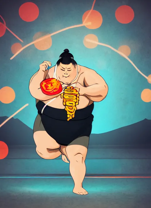 Prompt: sumo wrestler eating crunchy classic taco, holding hot sauce, portrait, noah kagan cheering him on, photo realism, bokeh background, neon lights, city background, high definition, slr