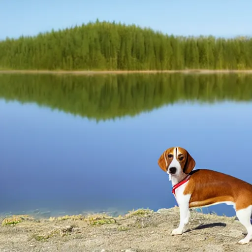 Prompt: beagle wearing a hat in front of a lake, realistic, high definition