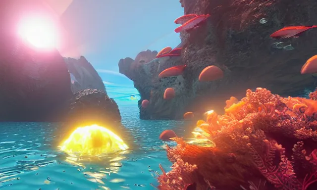 Image similar to subnautica in game screenshot, unreal engine, 1k. low res