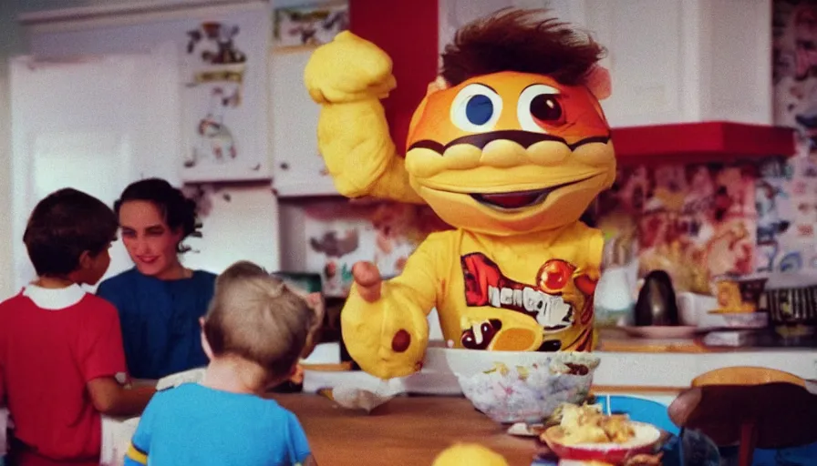 Image similar to 1 9 9 0 s candid 3 5 mm photo of a beautiful day in the family kitchen, cinematic lighting, cinematic look, golden hour, an absurd costumed mascot from the wacky giant face space club show is forcing the children to eat cereal, children are eating way too much cereal, uhd